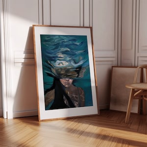 Underwater Swimmer Portrait, Elegant Ocean Oil Painting Print, Unique Dreamlike Wall Art for Divers & Ocean Lovers