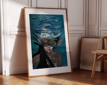 Underwater Swimmer Portrait: Dreamlike Ocean Oil Painting Art Print