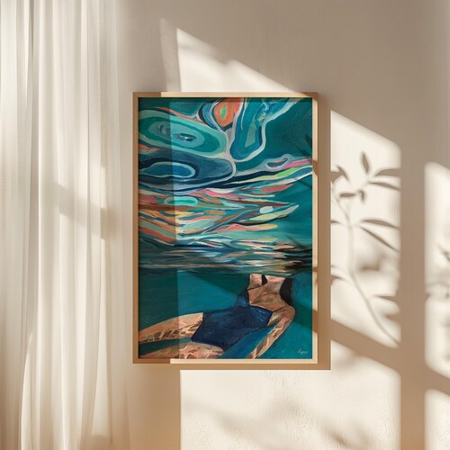 Underwater Swimmer Art Print: Glimmer Oil Painting, Beach House Decor