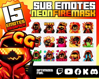 Neon Fire Mask Emotes – 15 Sub Emotes for Twitch, YouTube, Discord (Digital Download)
