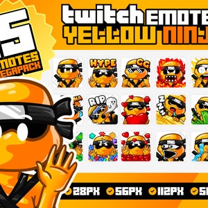 Pode incluir: Um conjunto de 15 emotes do Twitch com um personagem de ninja amarelo com diferentes expressões. Os emotes estão disponíveis nos tamanhos 28px, 56px, 112px e 512px. O texto "twitch emotes yellow ninja" é exibido na parte superior da imagem.