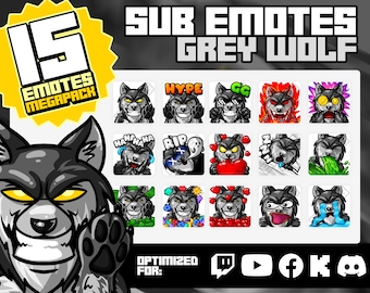 Grey Wolf Sub Emotes – 15 Gamer Streamer Emotes (Digital Download)