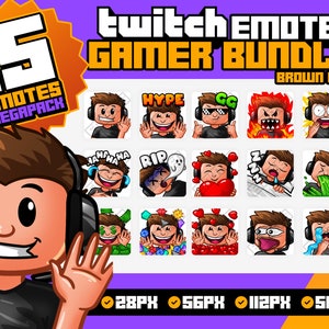 Gamer Twitch Emotes with Brown Hair, Tshirt and Headset for Streamers - Gamer Emotes, Streamer Emotes, Sub Emotes, Subscriber Emotes