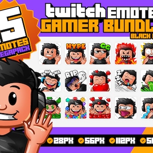 Gamer Twitch Emotes with Black Hair, Tshirt and Headset for Streamers - Gamer Emotes, Streamer Emotes, Sub Emotes, Subscriber Emotes