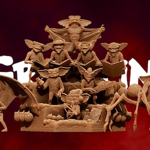 May include: A set of 10 brown 3D printed figurines of the characters from the movie Gremlins. The figurines are arranged in a group, with some standing on a base and others flying or crawling. The word "Gremlins" is printed in white letters on the base. The word "Wicked" is printed in white letters in the upper right corner of the image.
