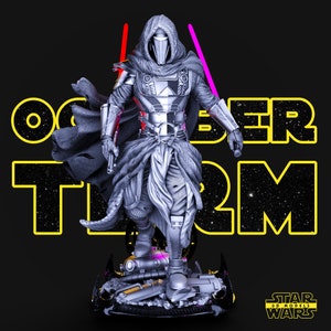 May include: A silver-coloured action figure of a Star Wars character, Darth Maul, standing on a black base with a silver-coloured design. The figure is wearing a black hooded robe and holding a double-bladed lightsaber. The background is black with yellow text that reads "ORDER 66".