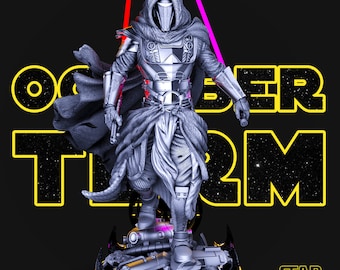 Puede incluir: Una figura de acción plateada de un personaje de Star Wars, Darth Maul, de pie sobre una base negra con un diseño plateado. La figura lleva una túnica negra con capucha y sostiene un sable de luz de doble hoja. El fondo es negro con texto amarillo que dice "ORDEN 66".