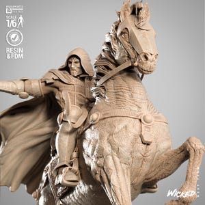 May include: A detailed, beige resin statue of a hooded figure riding a horse. The figure is armored and has a cape. The horse is rearing up. The statue is labeled "RESIN & FDM" and "SCALE 1/6". The logo "WICKED" is visible.