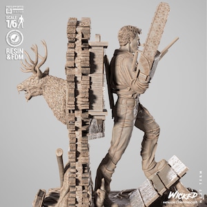 May include: A detailed resin and FDM statue of a figure holding a chainsaw, standing on a pile of debris. A deer head is visible behind the figure. The statue is 1/6 scale and presupported and tested.