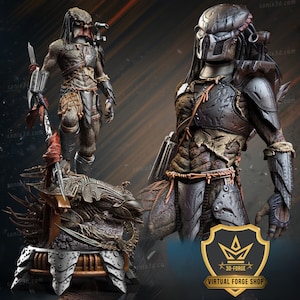 May include: Two Predator figures, one in a dark gray and black armor with a skull-like helmet, the other in a brown and green camouflage suit. Both figures are holding weapons and have a fierce expression. The background is a blurred image of a forest.