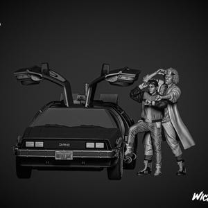 以下が含まれることがあります： 映画「バック・トゥ・ザ・フューチャー」シリーズのタイムマシン、デロリアンの白黒の3Dプリントモデル。モデルには、2体のフィギュアが含まれており、1体はもう1体の前に立っており、前のフィギュアは手にデバイスを持っています。モデルは1/6スケールで印刷されています。