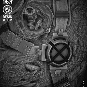 May include: A detailed grayscale 3D-printed figure with a textured surface and a circular emblem with an X. The figure includes straps and buckles, and the text "WICKED" is visible. The scale is 1/6.