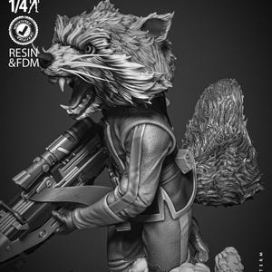 May include: A detailed, grayscale 3D printed model of Rocket Raccoon from Guardians of the Galaxy. The model is posed in a dynamic action stance, holding a blaster rifle. The model is printed in resin and FDM, and is 1/4 scale. The model is labelled "Wicked" and "Next Term".