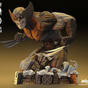 May include: A 3D printed model of Wolverine, a popular Marvel Comics superhero, in a dynamic pose with claws extended. The model is printed in a brown and grey color scheme and is set on a base with a stylized X-Men logo. The model is pre-supported and tested for both resin and FDM printing.