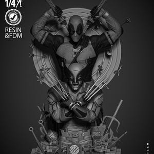 May include: Black and white 3D printed bust of Deadpool and Wolverine. Deadpool is holding two swords above his head, and Wolverine is holding his claws out in front of him. The bust is set on a base with a circular design and several weapons.