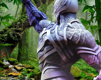 May include: A black and purple action figure of a superhero standing in a jungle setting. The figure has a detailed, textured design and is posed with one arm raised.