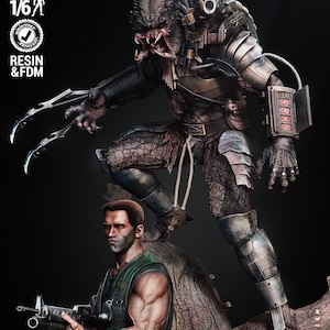 Peut inclure: Un modèle 3D imprimé du Predator du film Predator, debout au-dessus d'un soldat. Le Predator porte une combinaison futuriste détaillée avec une grosse tête menaçante. Le soldat tient un fusil et a une expression déterminée sur son visage. Le modèle est pré-supporté et testé pour l'impression à l'échelle 1/6. Le modèle est disponible en résine et en FDM.
