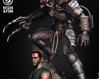 Puede incluir: Un modelo 3D impreso del Predator de la película Predator, de pie sobre un soldado. El Predator lleva un traje futurista detallado con una cabeza grande y amenazante. El soldado sostiene un rifle y tiene una expresión decidida en su rostro. El modelo está pre-soportado y probado para la impresión a escala 1/6. El modelo está disponible en resina y FDM.