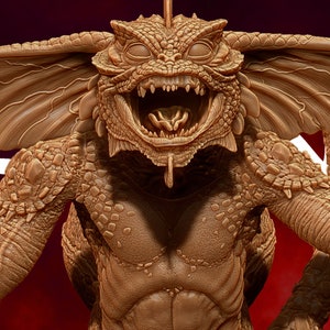 May include: A detailed, brown, 3D printed model of a creature with large, pointed ears, sharp teeth, and a scaly body. The creature is posed with its mouth open in a menacing growl. The text "WICKED" is visible in the upper right corner of the image.