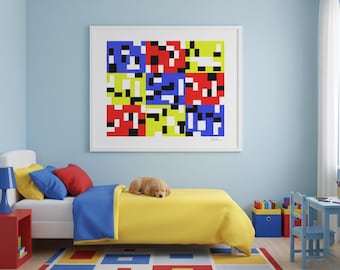 Abstract Wall Art Print, Geometric Modern Living Room Wall Decor, Contemporary Blue Red Yellow
