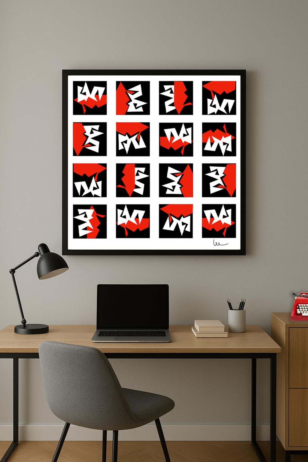 Modern Abstract Geometric Art Print, Black White Red Graphic Wall Decor ...