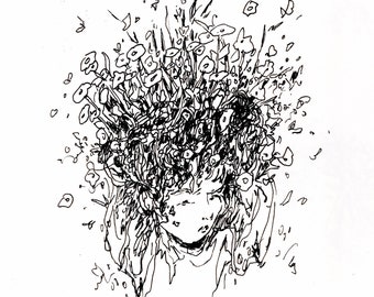 Flowerpot Lady | Art Print | 5 x 7 in. Ink Drawing Abstract Plant Art Print