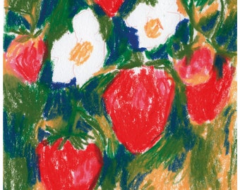 Strawberry Flower | Art Print | 5 x 7 in. Crayon Drawing Art Print