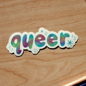 QUEER Bubble Letter Sticker 5 x 2 in. Rainbow Colorful Vinyl LGBTQ Pride Sticker for Phone, Laptop, Water Bottle image 1