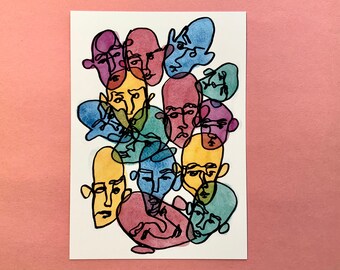 Rainbow Faces | Art Print | 5 x 7 in. Ink and Watercolor Drawing Abstract Art Print