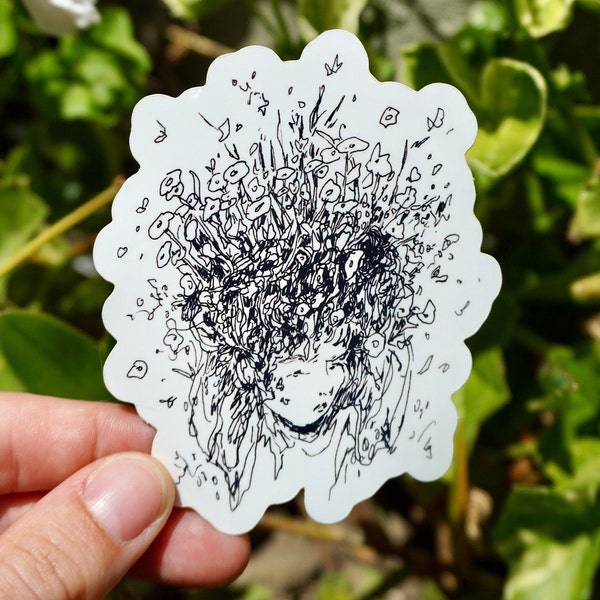 Flower Lady Ink Drawing Sticker | 3 x 3.5 in. Vinyl Glossy Black and White Sticker for Phone, Laptop, Water Bottle