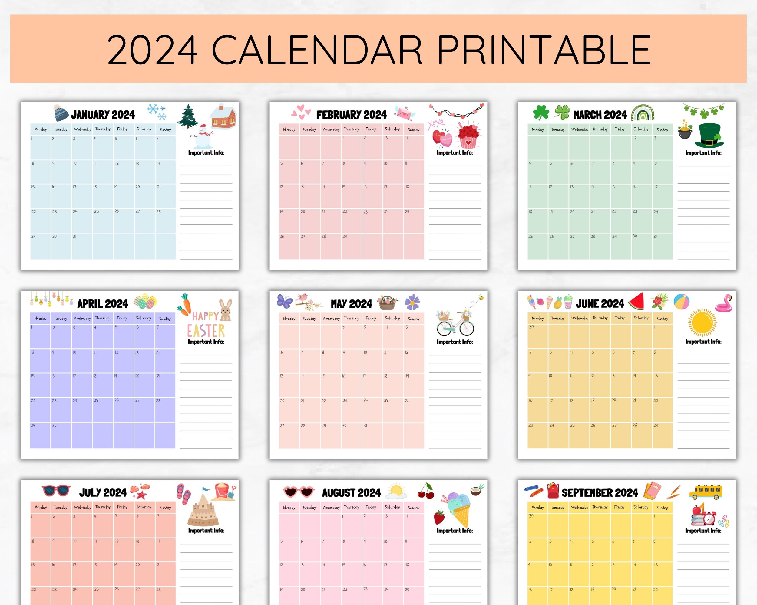2024 Calendar Printable, Printable Calendar, 2024 Calendar, Monthly Calendar,  2024 Monthly Planner, Kids Calendar, Landscape Calendar - Etsy
