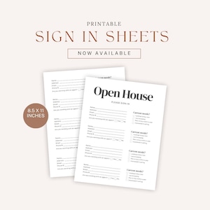 Op de afbeelding: Twee witte, bedrukbare aanmeldingsformulieren. Eén formulier is gelabeld "Open House" met velden voor naam, adres en contactgegevens. Het andere formulier is gelabeld "Sign In Sheets". De vellen zijn 21,6 x 27,9 cm.