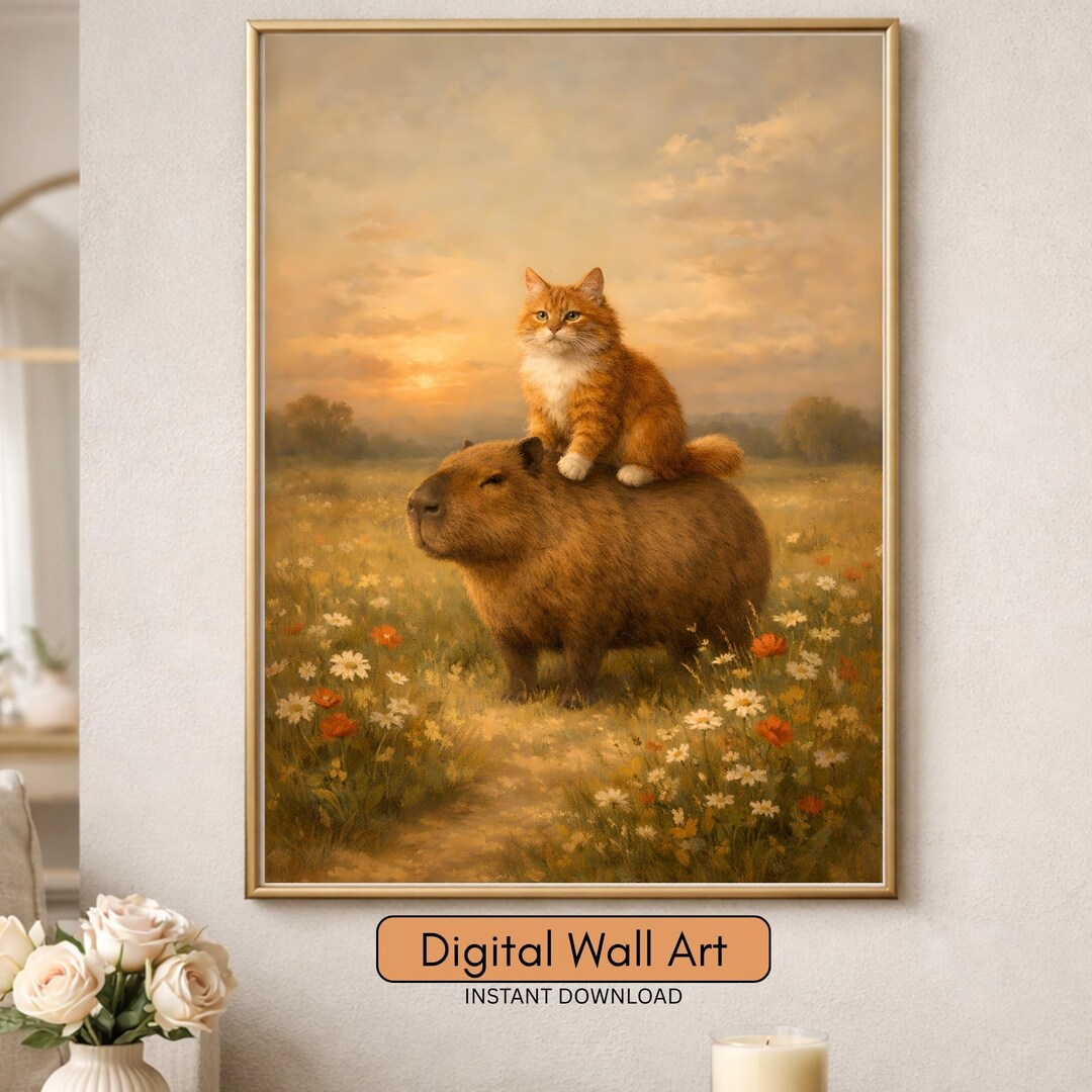 Cat Riding Capybara Wall Art Printable Art JPG Files, Instant Wall ...