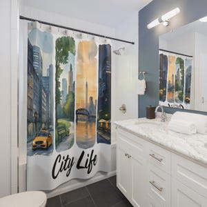 City Life Shower Curtain, Urban Decor, Home Bathroom Accessory, Cityscape Gift, Modern Home Style, Coaster Alternative