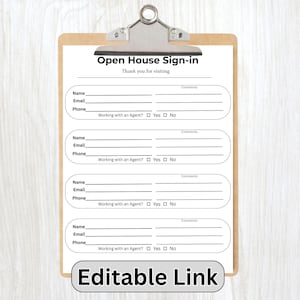 Può includere: Un portablocco con un modulo di registrazione per una giornata porte aperte. Il modulo include campi per nome, email e telefono, con una sezione per i commenti. Il testo "Open House Sign-in" e "Thank you for visiting" sono in alto. La parte inferiore del portablocco ha il testo "Editable Link".