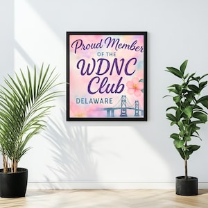 Impresión artística digital del Club WDNC de Delaware, decoración de pared con orgullo estatal en acuarela pastel, linda ilustración de puente floral para miembros de WDNC