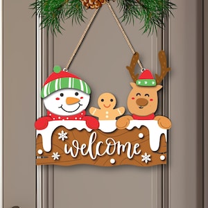 Weihnachten Schneemann Tür Schild SVG, Winter Willkommen Laser Cut Dateien, Lebkuchen Rentier SVG, Haustür Dekor Zeichen SVG, Dateien für Glowforge