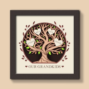 Caixa de sombra da árvore genealógica dos netos 3D Svg, árvore genealógica 3D, nomes personalizados, corações, presente personalizado dos avós, dia das mães, Cricut, modelo