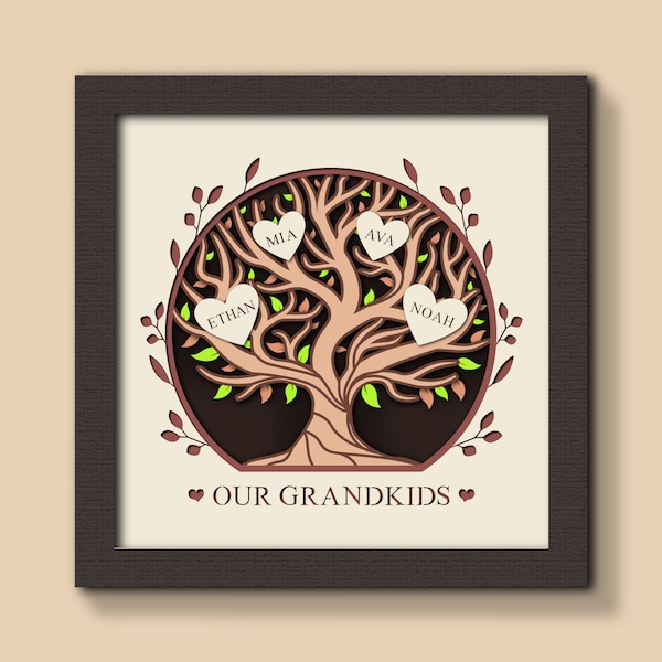 3D Grandkids Family Tree Shadow Box Svg, 3D Family Tree, Custom Names, Hearts, Grandparent Personalized Gift, Mother's Day, Cricut, Template