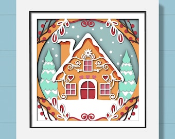 3D Gingerbread House Shadow Box Svg, Christmas Cookie Svg, Winter Home Svg, Snow Svg, Winter Layered Papercut, For Cricut, Silhouette