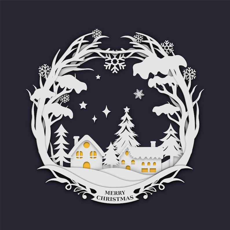 May include: White paper cut-out design of a winter scene with snow-covered houses, trees, and snowflakes. The design is in a circle with the words "Merry Christmas" at the bottom.