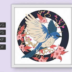 Vogel Schattenbox Vorlage für Cricut, Blumen, Vögel und Mond 3D SVG Schattenbox, Blauer Vogel Schattenbox für Cricut, 3D SVG