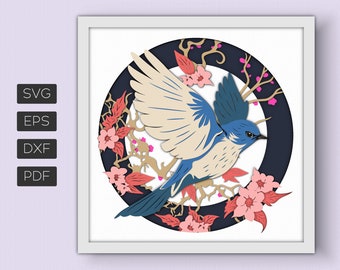 Bird Shadow Box Template Svg, Flowers Birds and Moon 3D SVG Shadowbox, Layered Cardstock Paper Cut, Blue Bird Shadow Box, for Cricut, 3D SVG