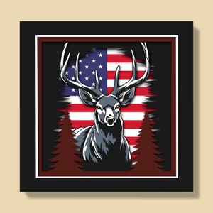 May include: A black and white illustration of a deer with large antlers standing in front of an American flag. The deer is surrounded by two dark green pine trees.