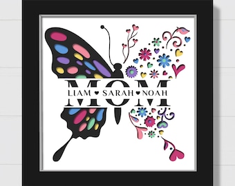 Caja de sombras 3D para el Día de la Madre, Caja de sombras con diseño de mariposa para mamá, Svg con nombre personalizado, Regalo floral para el Día de la Madre, Recorte de papel en capas, para Cricut y Silhouette