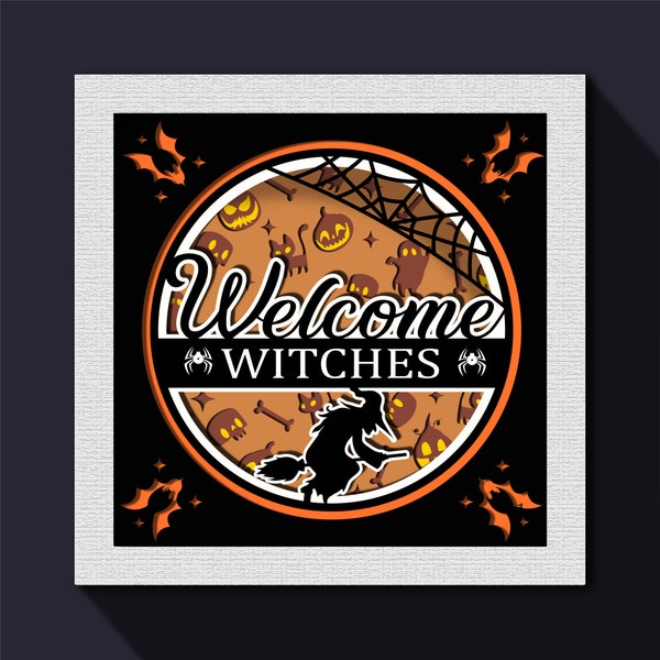3D Welcome Witches Shadow Box Svg, Halloween Shadow Box Svg, Halloween Broom, Spiderweb, Bats, Ghost, Layered Paper Art, Cardstock Svg