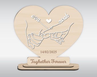 Personalized Couple Holding Hands Together Sign Svg, Pinky Hold, Heart Wooden Sign, Valentine Anniversary Gifts, Glowforge, Laser Cut Files