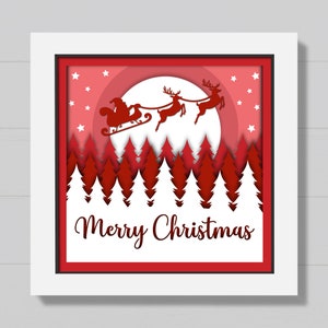 Scatola delle ombre con slitta di Babbo Natale 3D SVG, Scatola delle ombre con slitta di Natale SVG, Pino, Renna SVG, Albero di neve, Modello di carta ritagliata a strati, Per Cricut