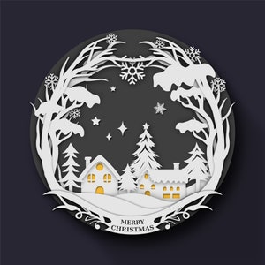 3D Weihnachtskranz, Cardstock Wand Dekor, 3D Weihnachtslandschaft, Winter Festliche Dekoration, Baum Kiefer Zweig Kranz, Papercraft