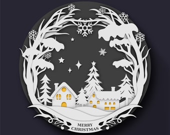 3D Christmas Wreath Svg, Cardstock Wall Décor Svg, 3D Christmas Landscape, Winter Festive Decorations, Tree Pine Branch wreath, Papercraft